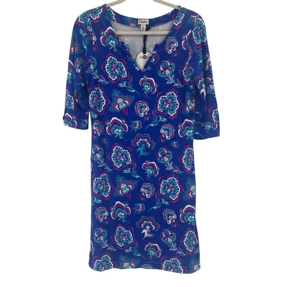 Hatley Size Small Royal Blue Fuchsia Peplum Sleeve Dress Folk Floral NWT Viscose